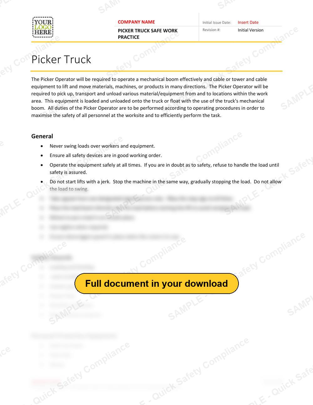 Top of page 1 of the Picker Truck Safe Work Practice