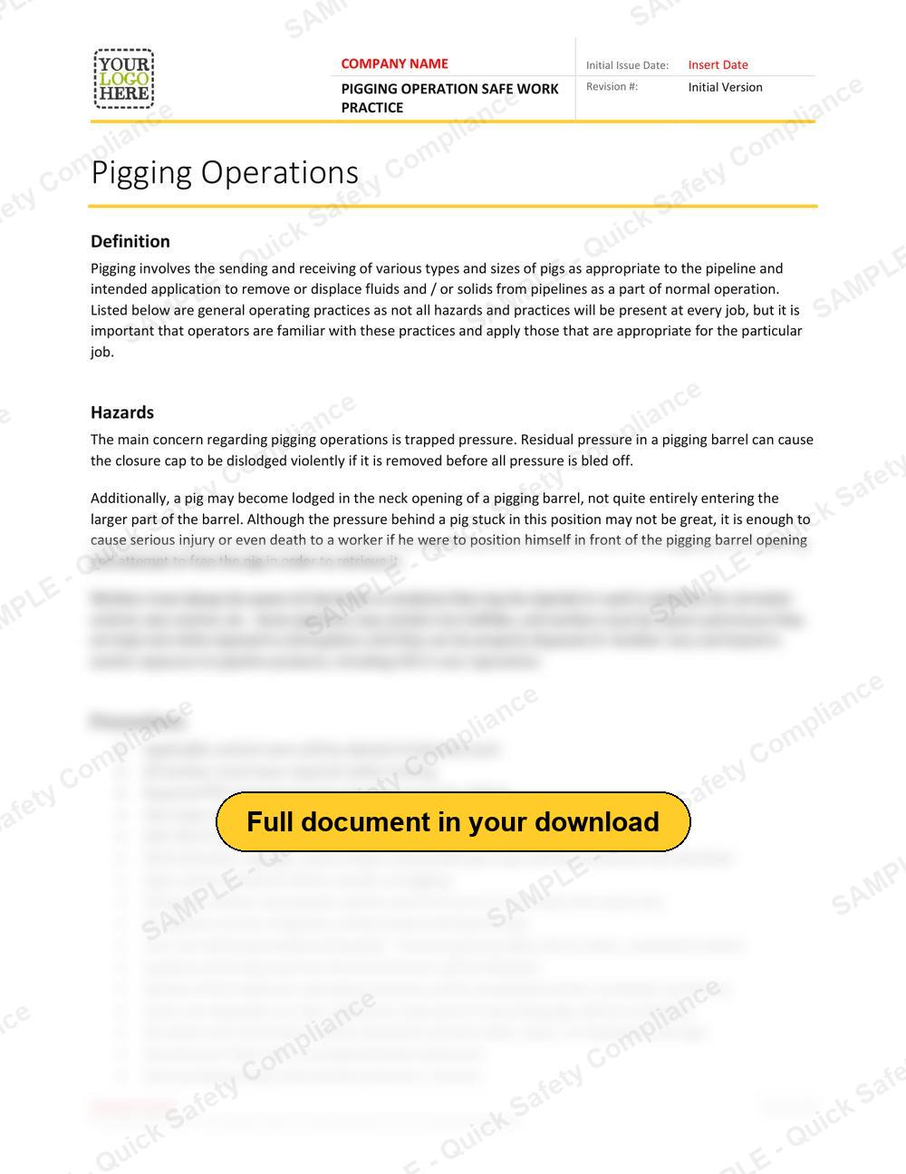 Top of page 1 of the Pigging Operation Safe Work Practice