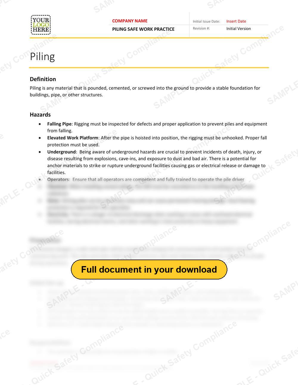 Top of page 1 of the Piling Safe Work Practice