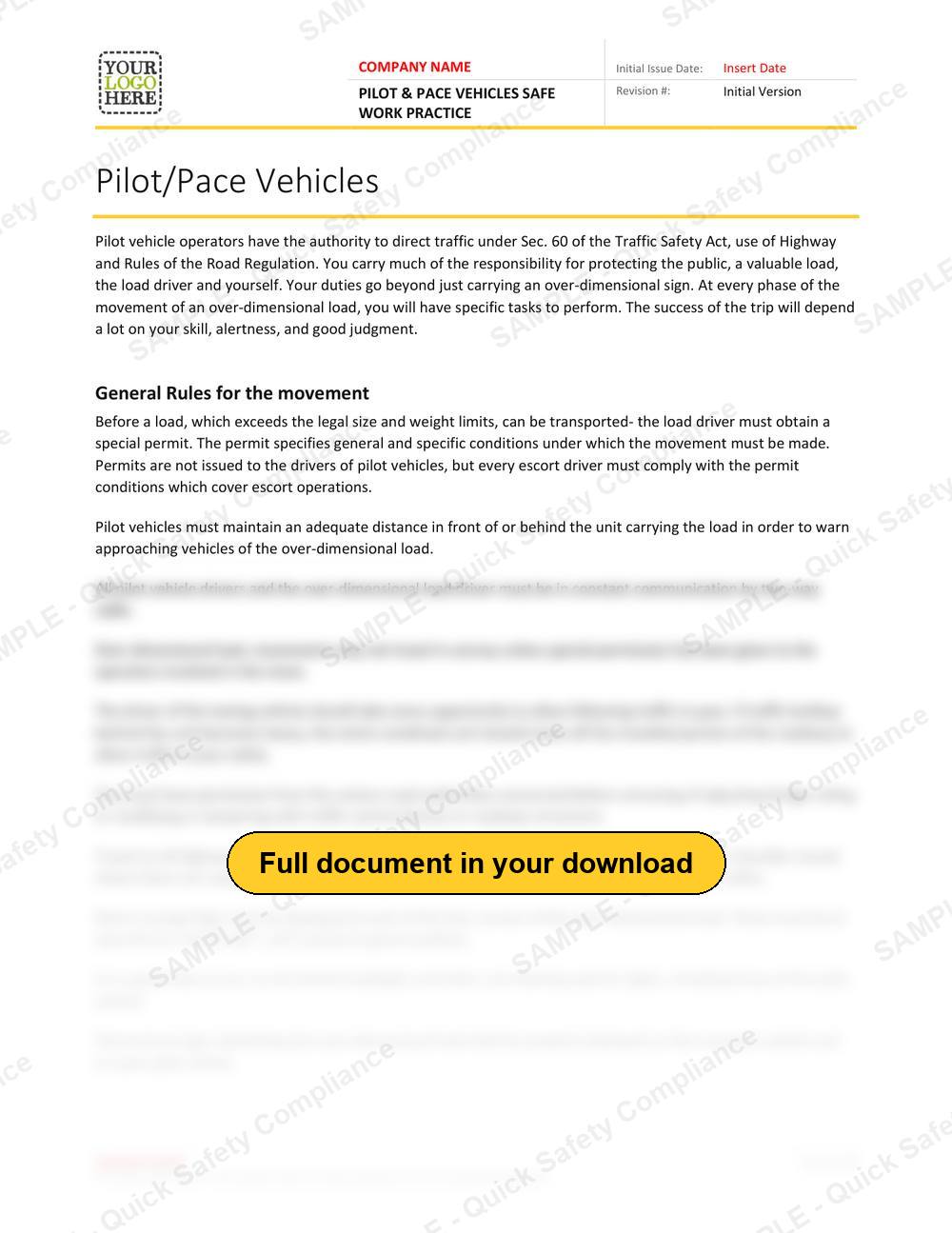 Top of page 1 of the Pilot & Pace Vehicles Safe Work Practice