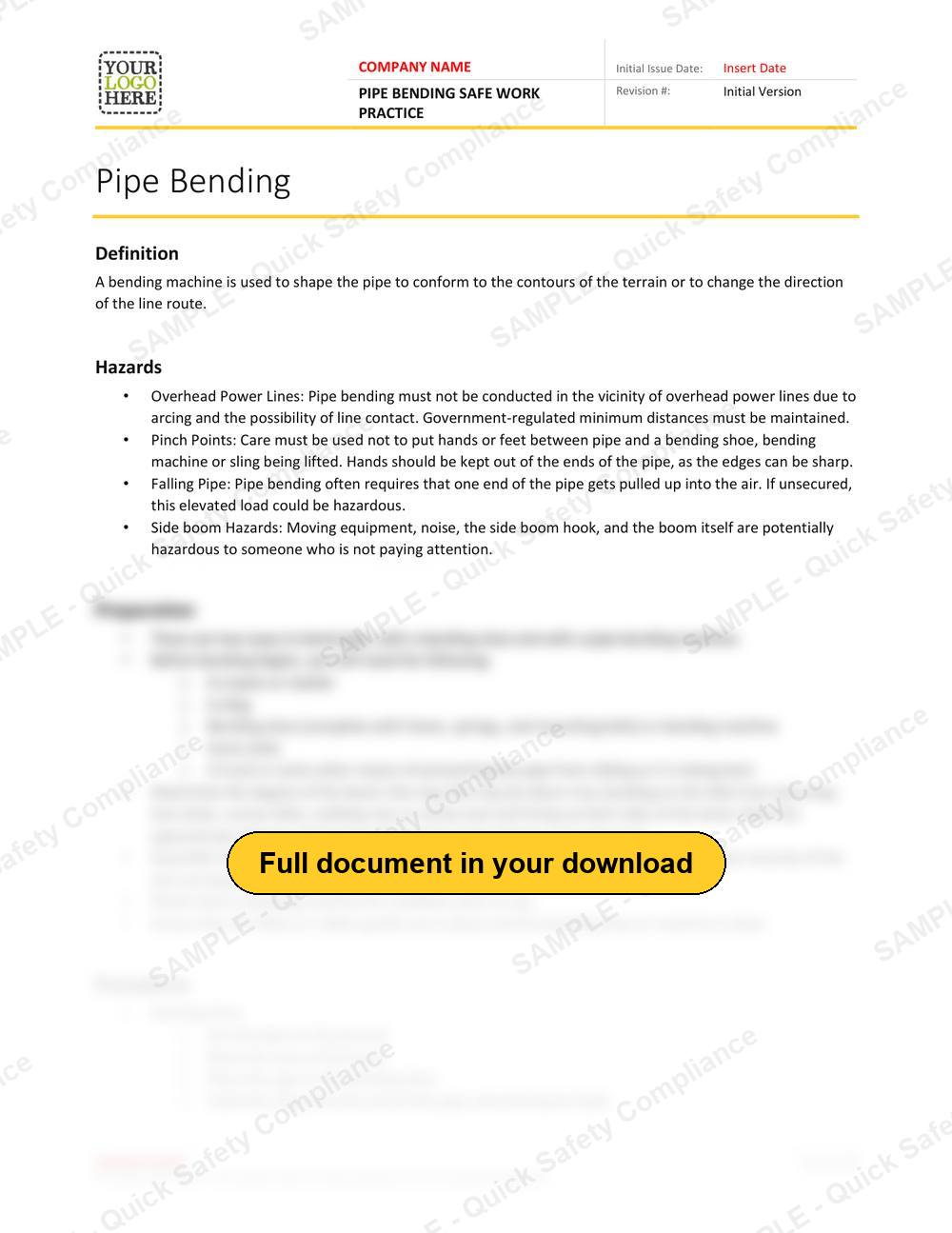 Top of page 1 of the Pipe Bending Safe Work Practice
