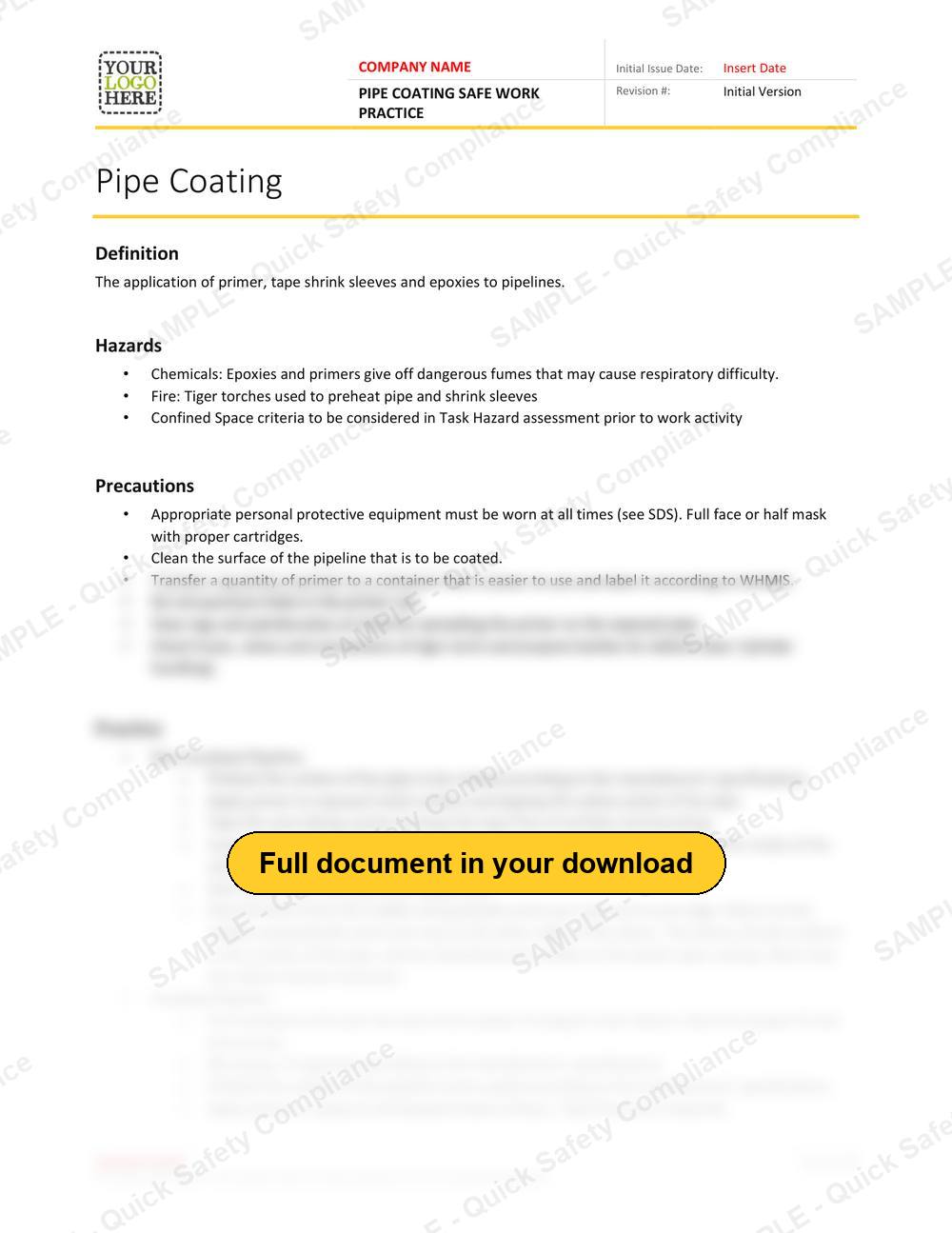 Top of page 1 of the Pipe Coating Safe Work Practice