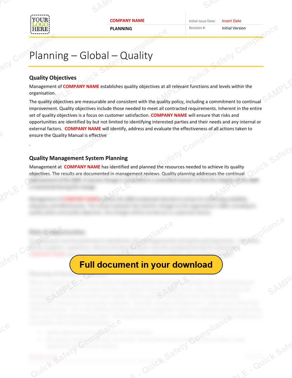Top of page 1 of the Planning RAVS - Quality