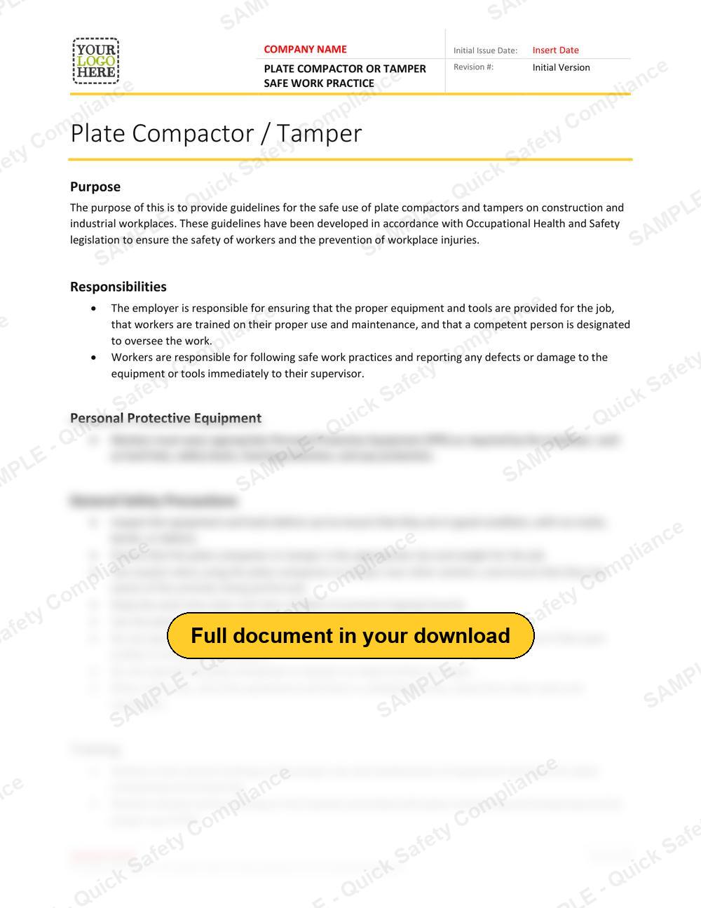 Top of page 1 of the Plate Compactor or Tamper Safe Work Practice