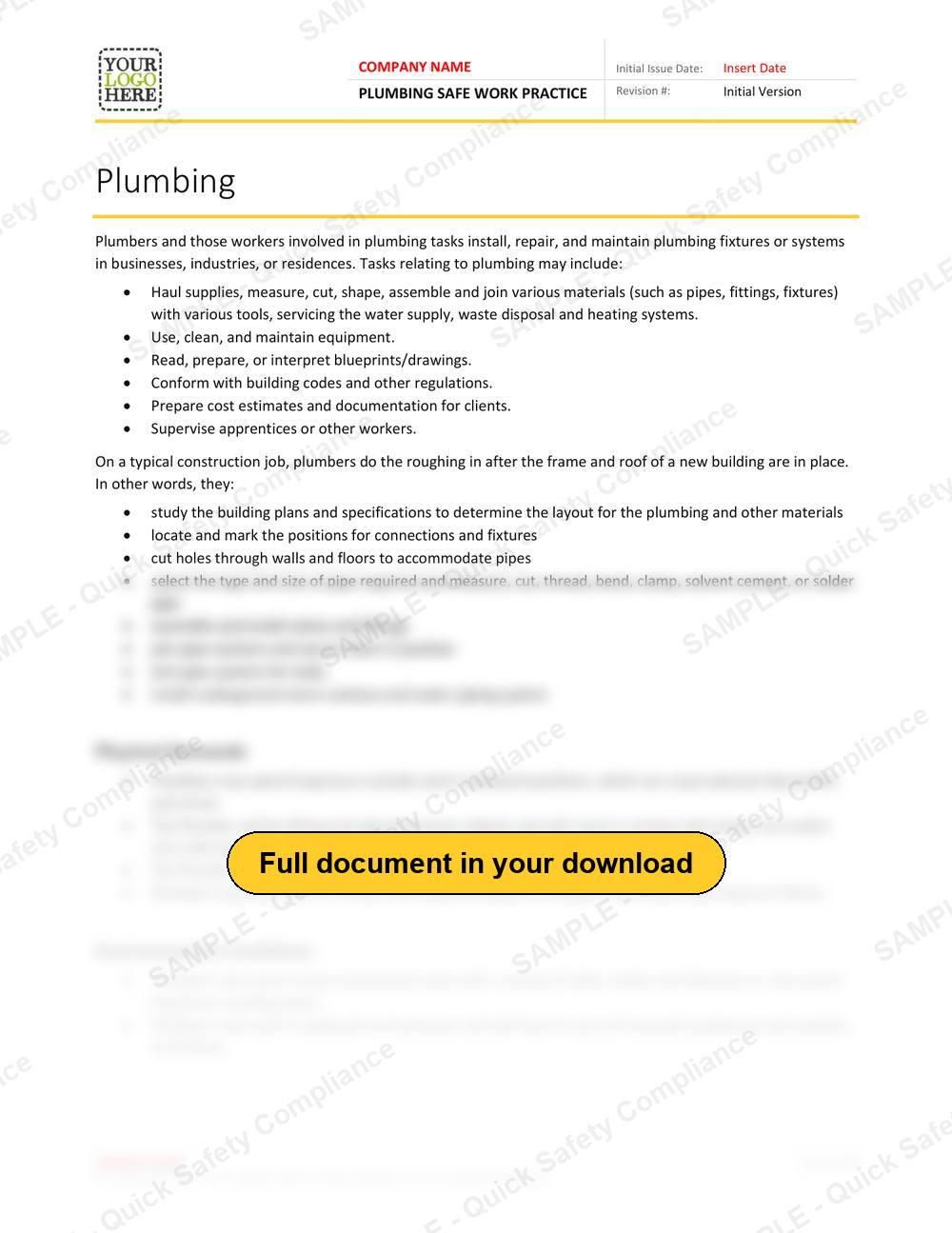 Top of page 1 of the Plumbing Safe Work Practice
