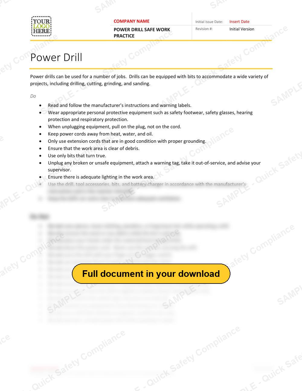 Top of page 1 of the Power Drill Safe Work Practice