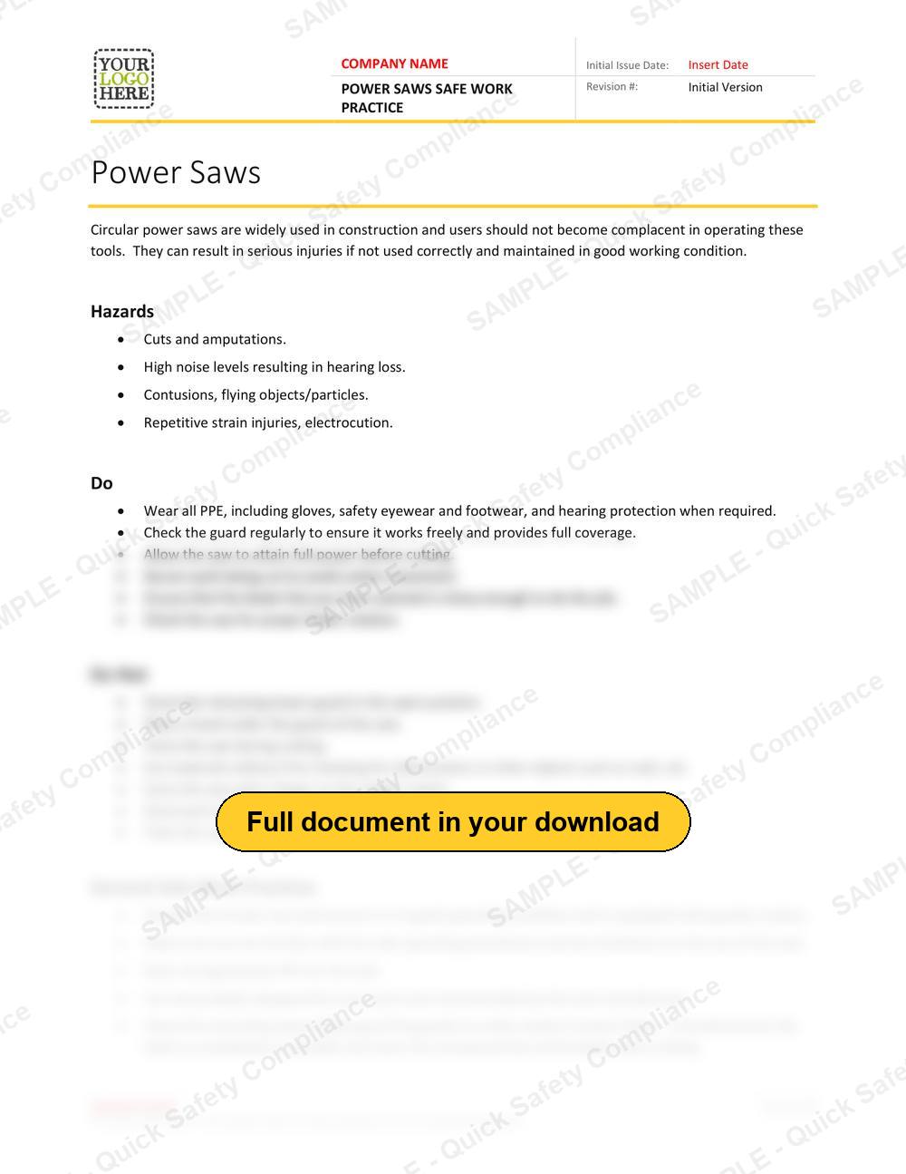 Top of page 1 of the Power Saws Safe Work Practice