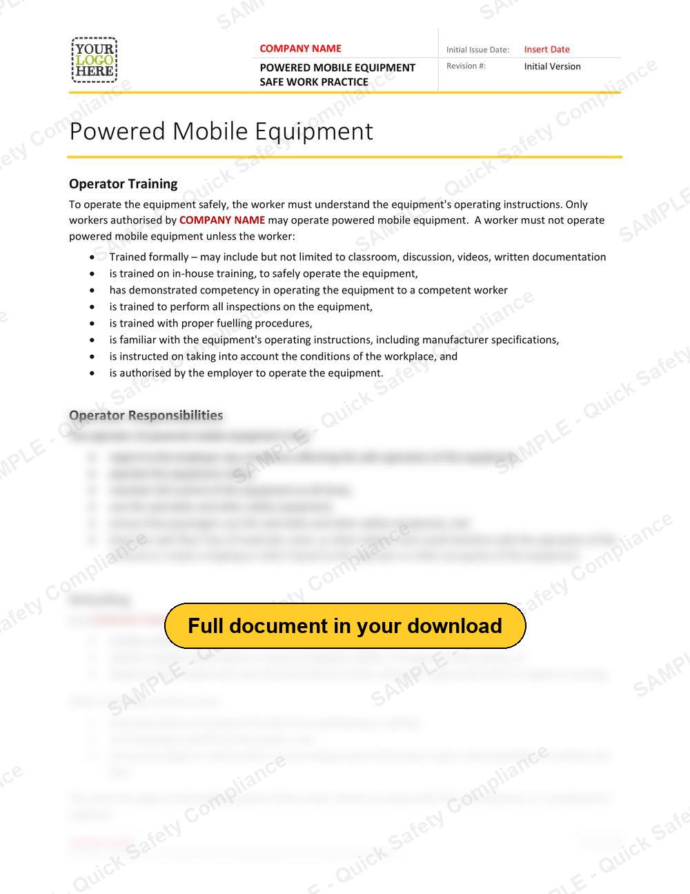 Top of page 1 of the Powered Mobile Equipment Safe Work Practice