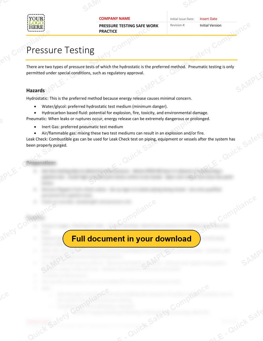 Top of page 1 of the Pressure Testing Safe Work Practice