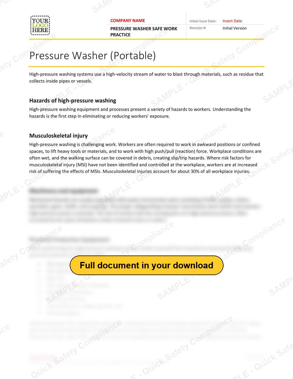 Top of page 1 of the Pressure Washer Safe Work Practice