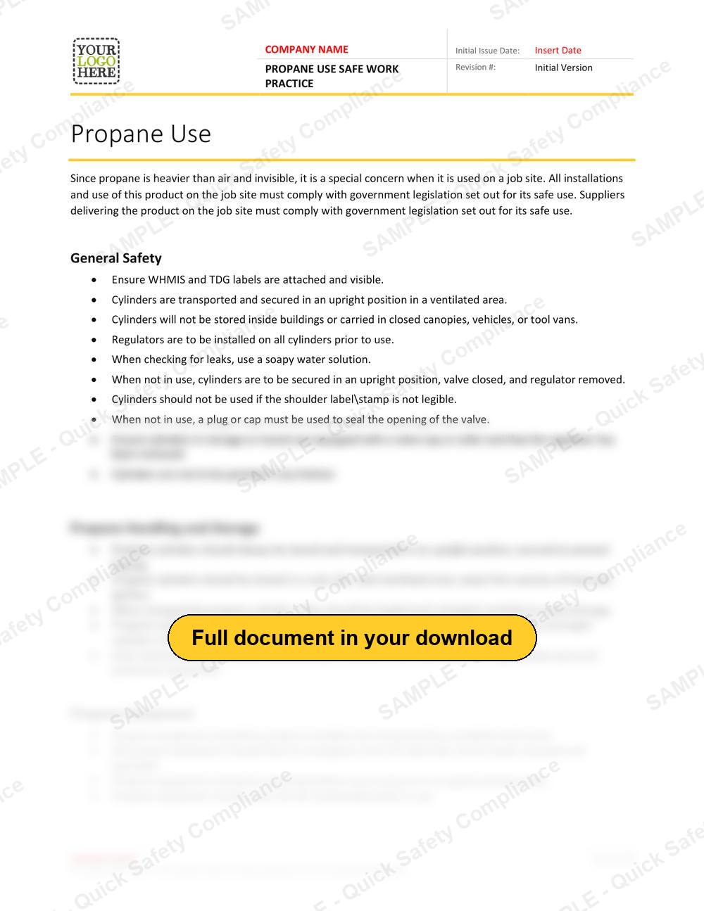 Top of page 1 of the Propane Use Safe Work Practice