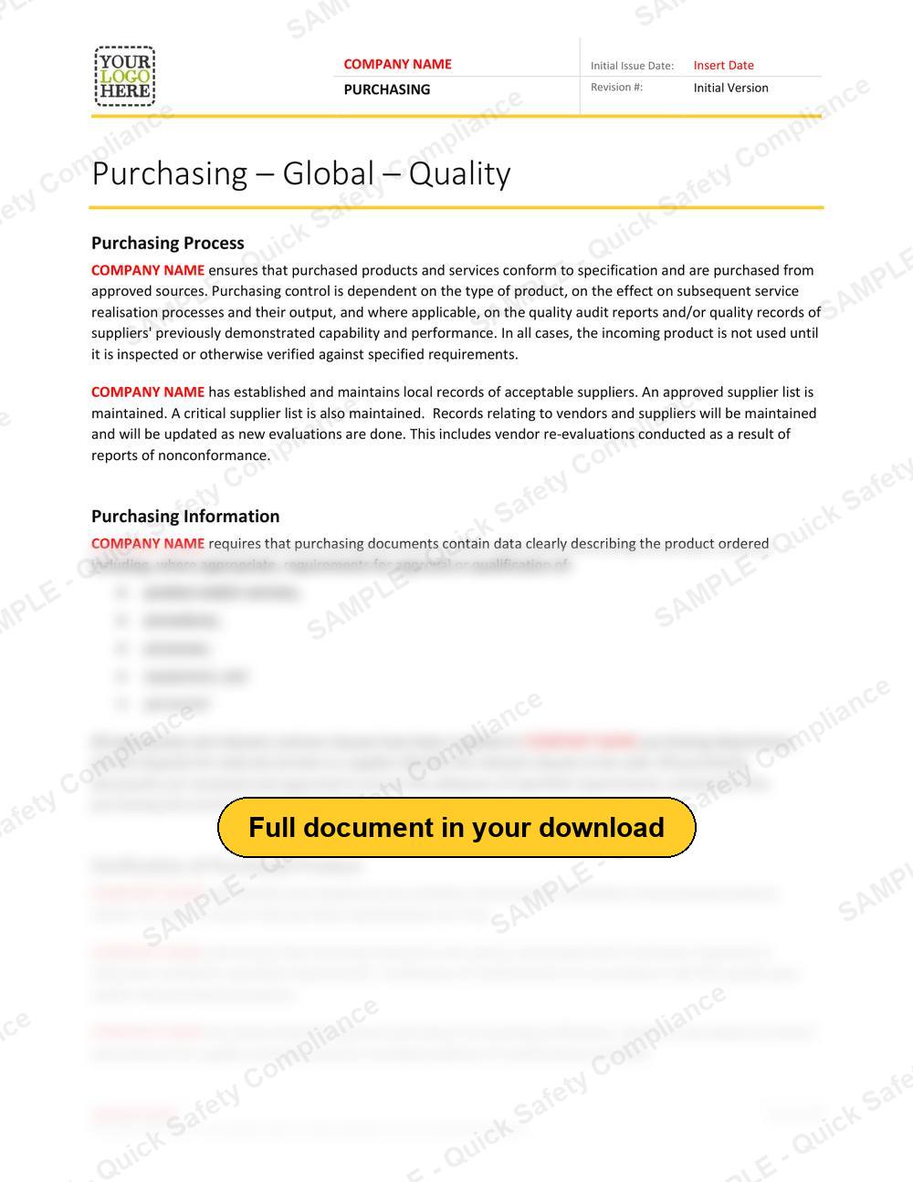 Top of page 1 of the Purchasing RAVS - Quality