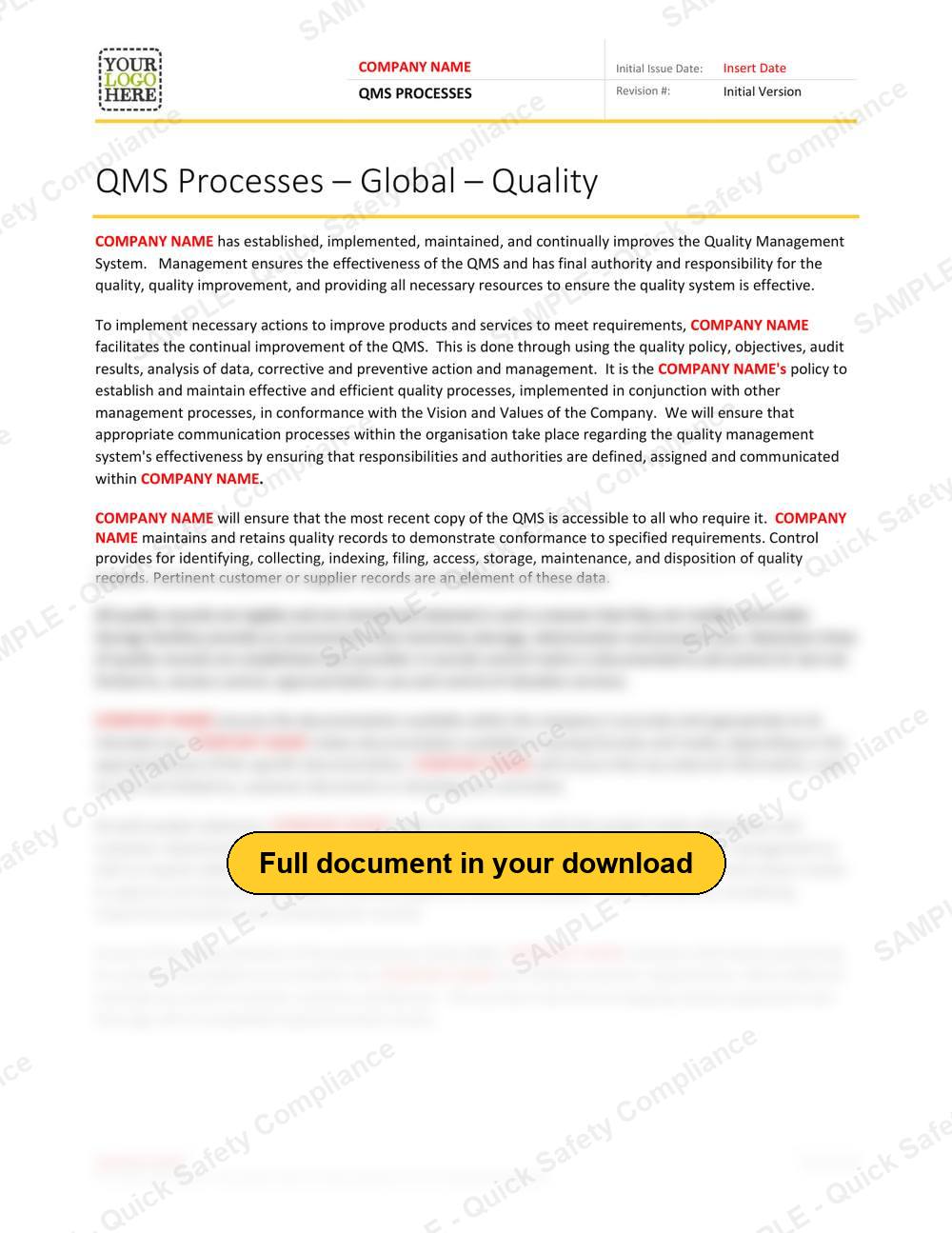 Top of page 1 of the QMS Process RAVS - Quality