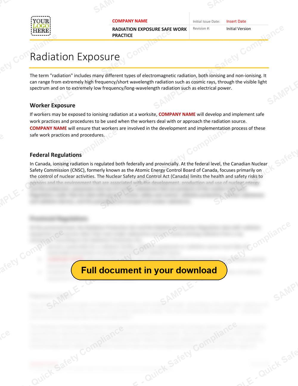 Top of page 1 of the Radiation Exposure Safe Work Practice
