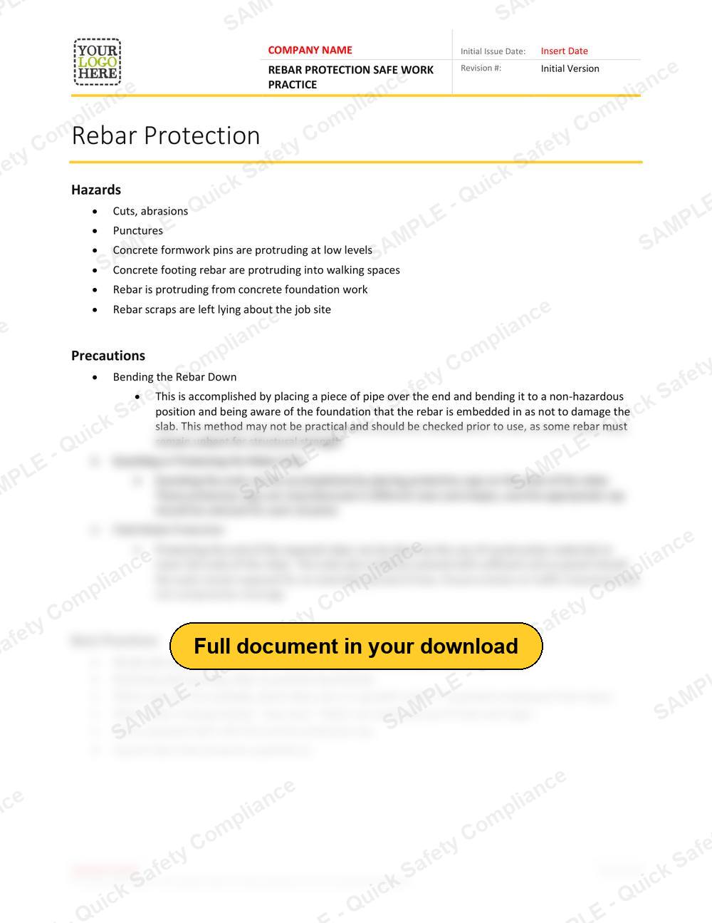 Top of page 1 of the Rebar Protection Safe Work Practice