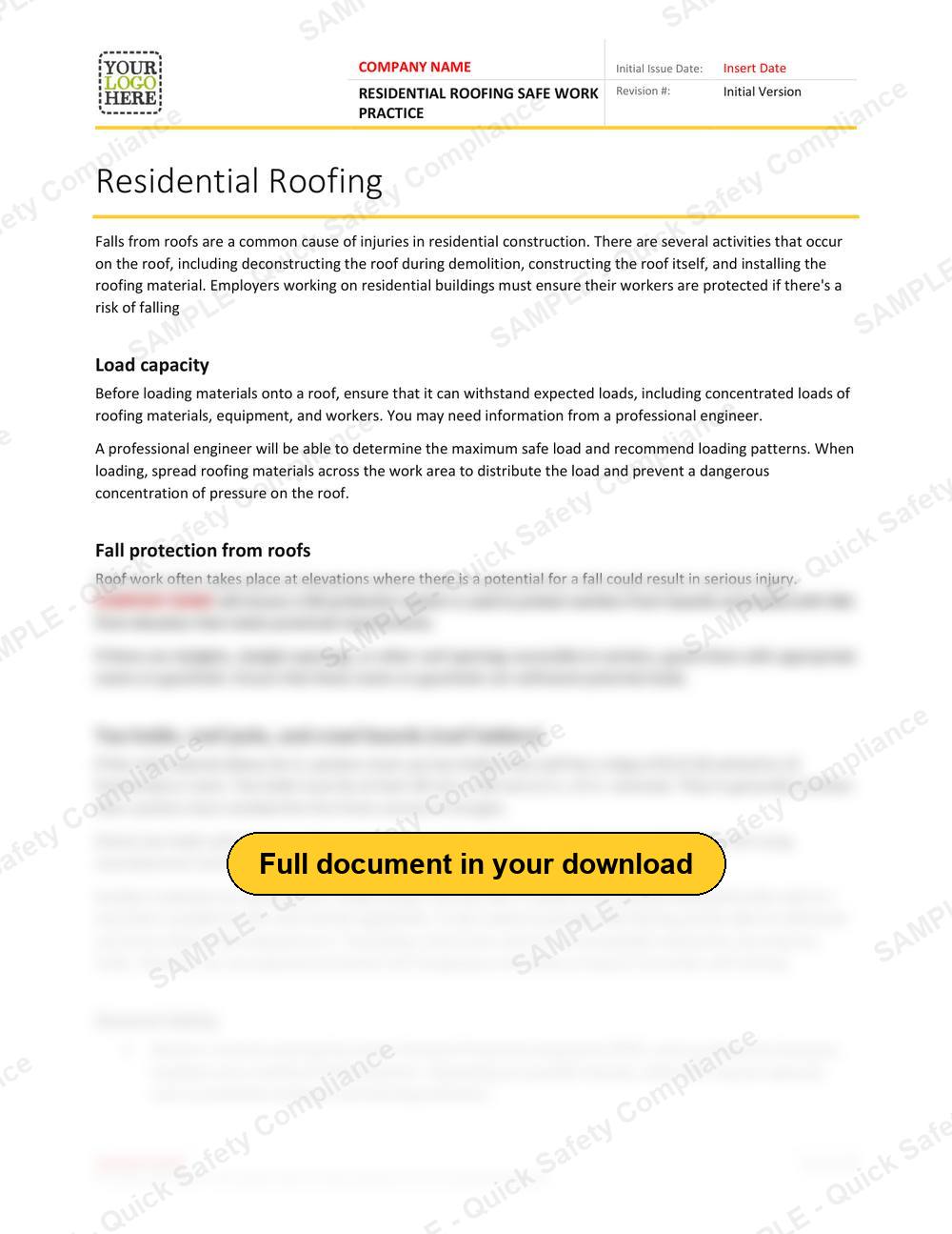 Top of page 1 of the Residential Roofing Safe Work Practice