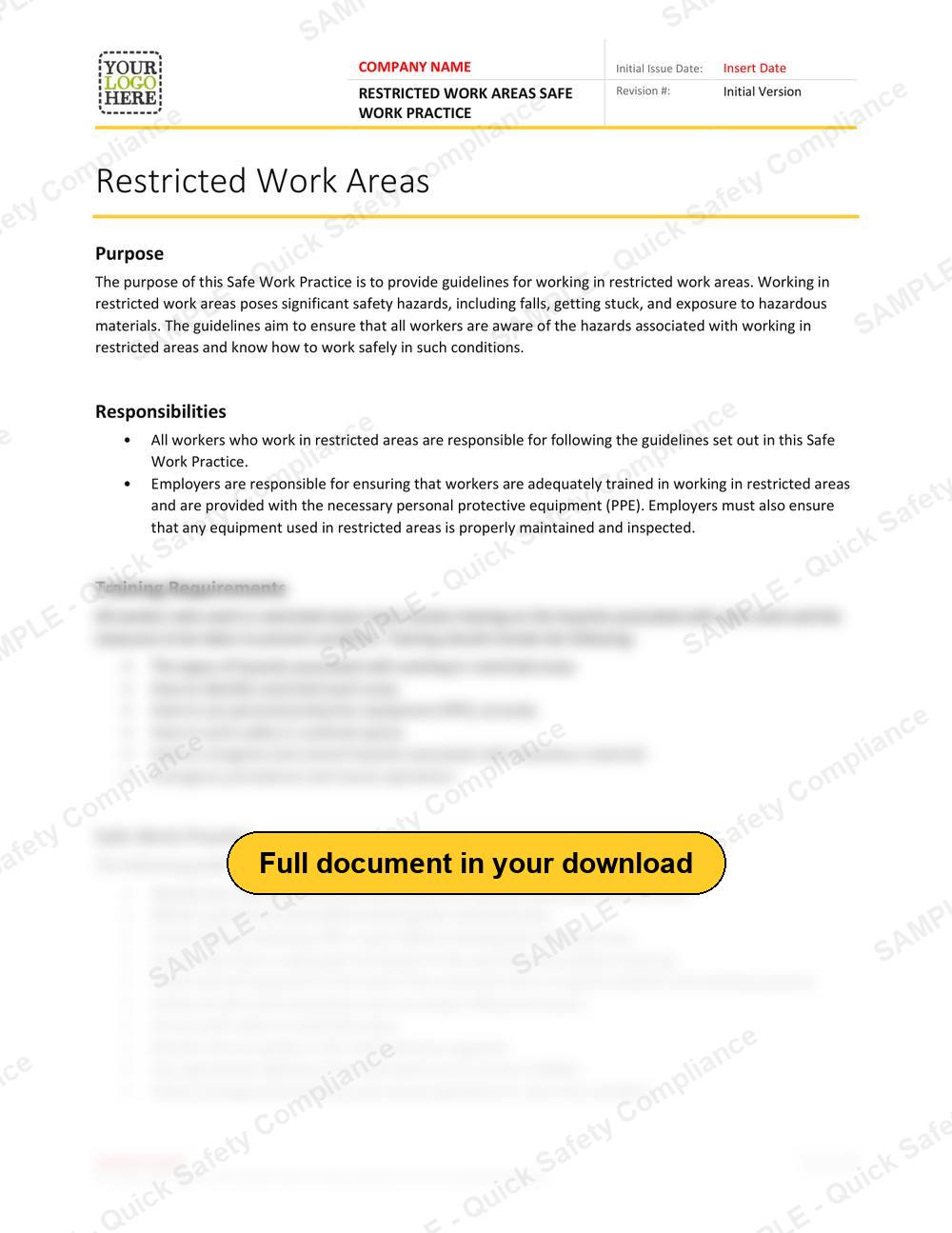 Top of page 1 of the Restricted Work Areas Safe Work Practice