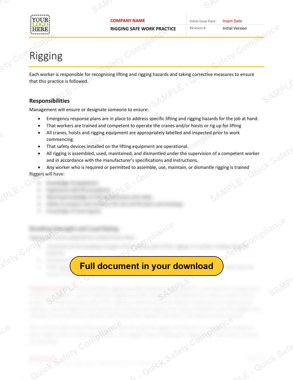 Top of page 1 of the Rigging Safe Work Practice