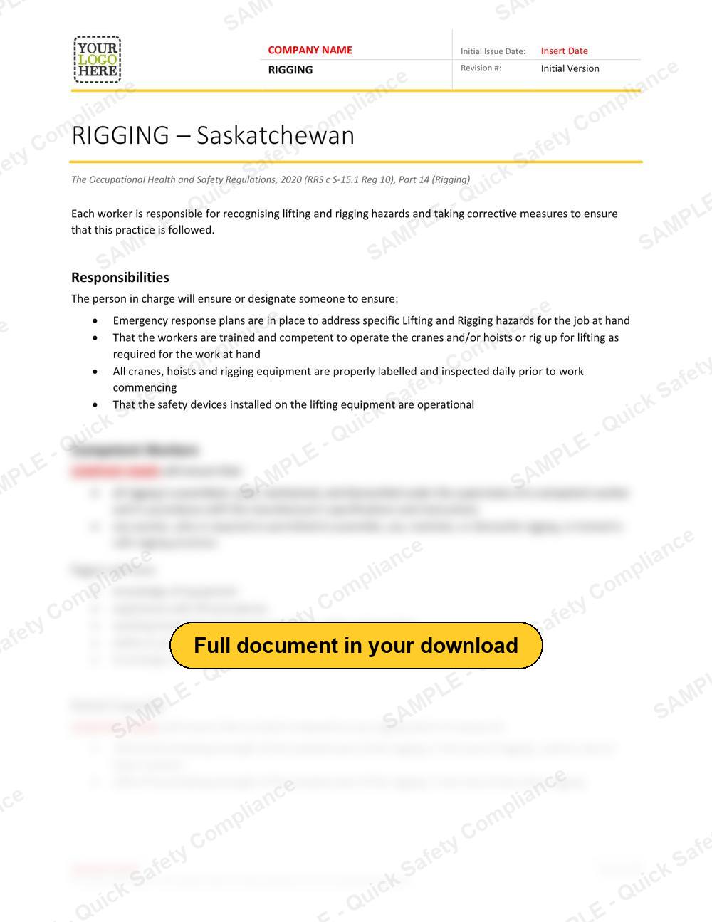 Top of page 1 of the Rigging RAVS - Saskatchewan