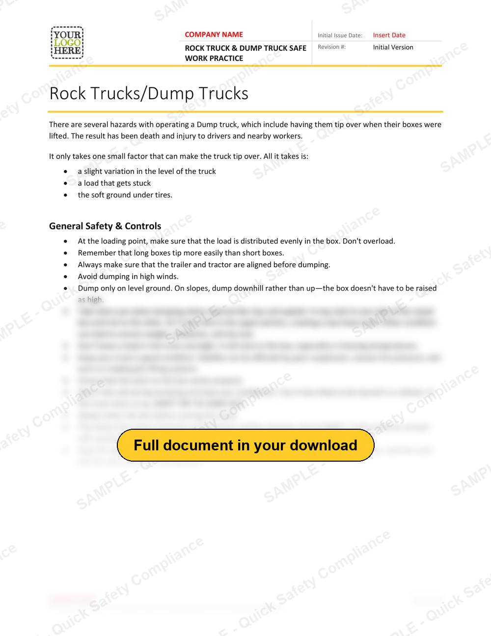 Top of page 1 of the Rock Truck & Dump Truck Safe Work Practice