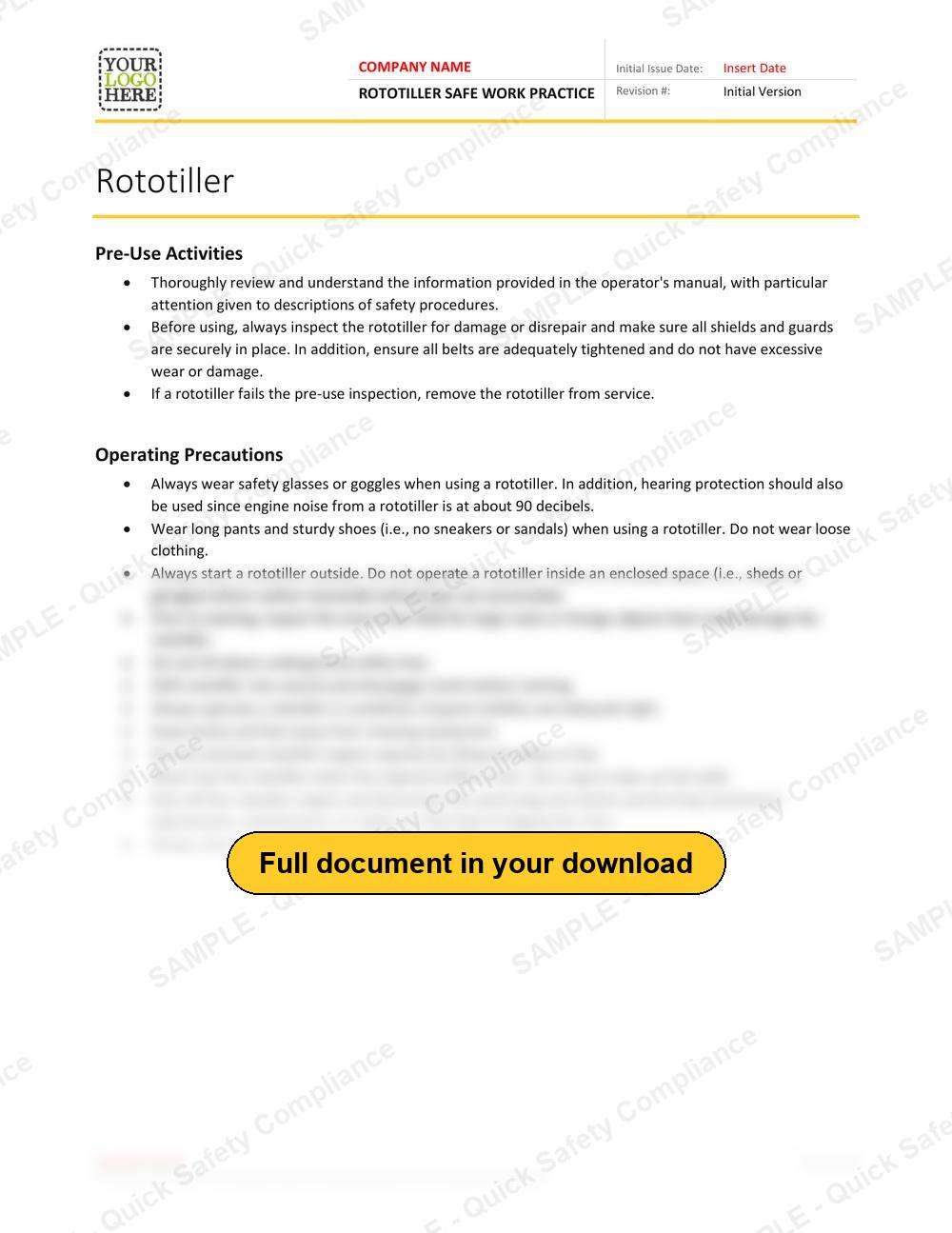 Top of page 1 of the Rototiller Safe Work Practice