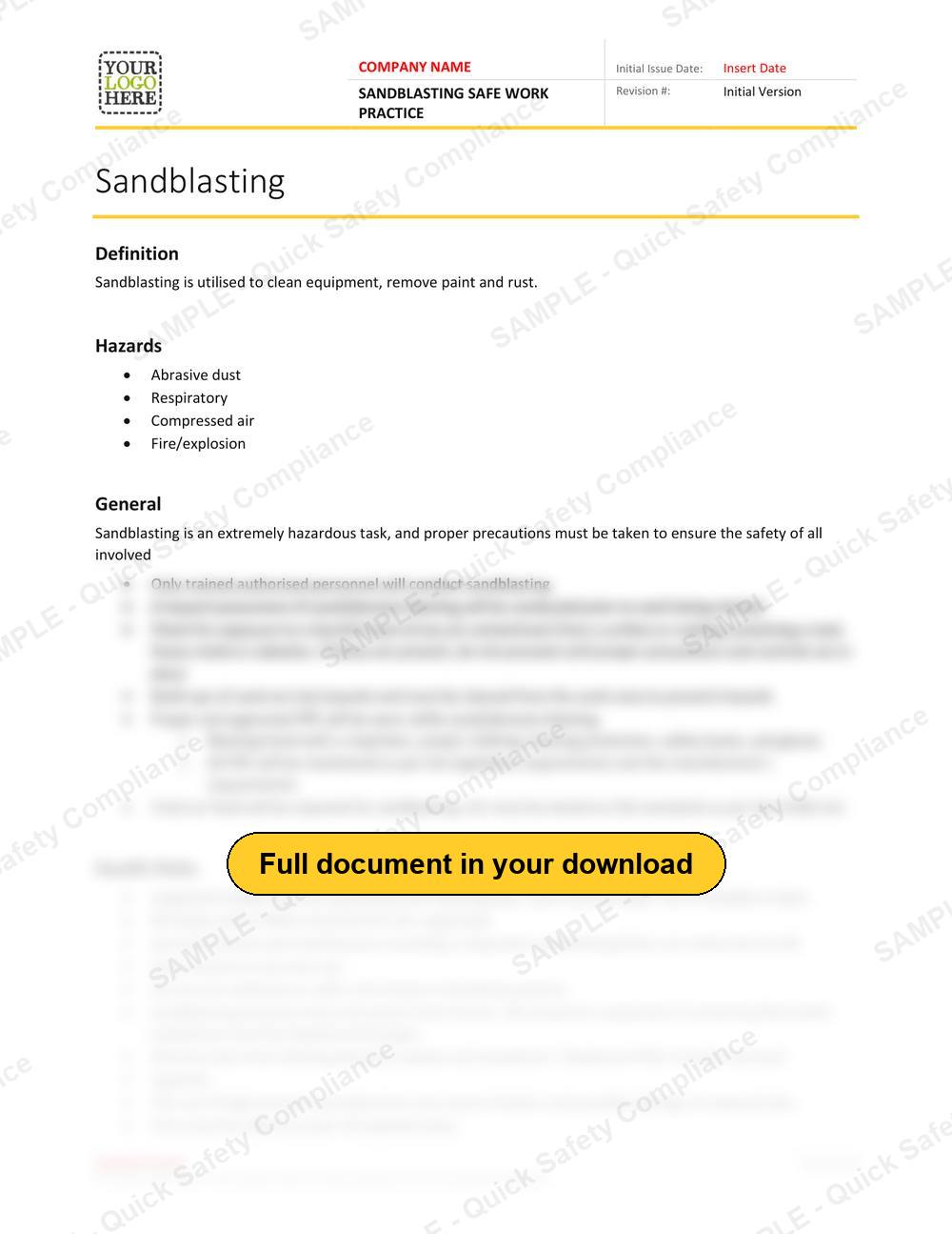 Top of page 1 of the Sandblasting Safe Work Practice