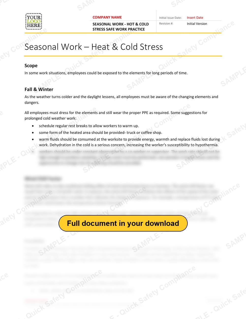 Top of page 1 of the Seasonal Work - Hot & Cold Stress Safe Work Practice