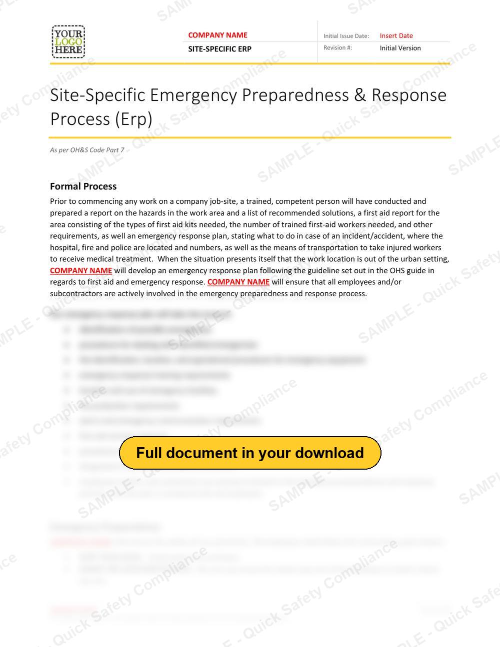 Top of page 1 of the Site Specific Emergency Preparedness & Response RAVS - Alberta