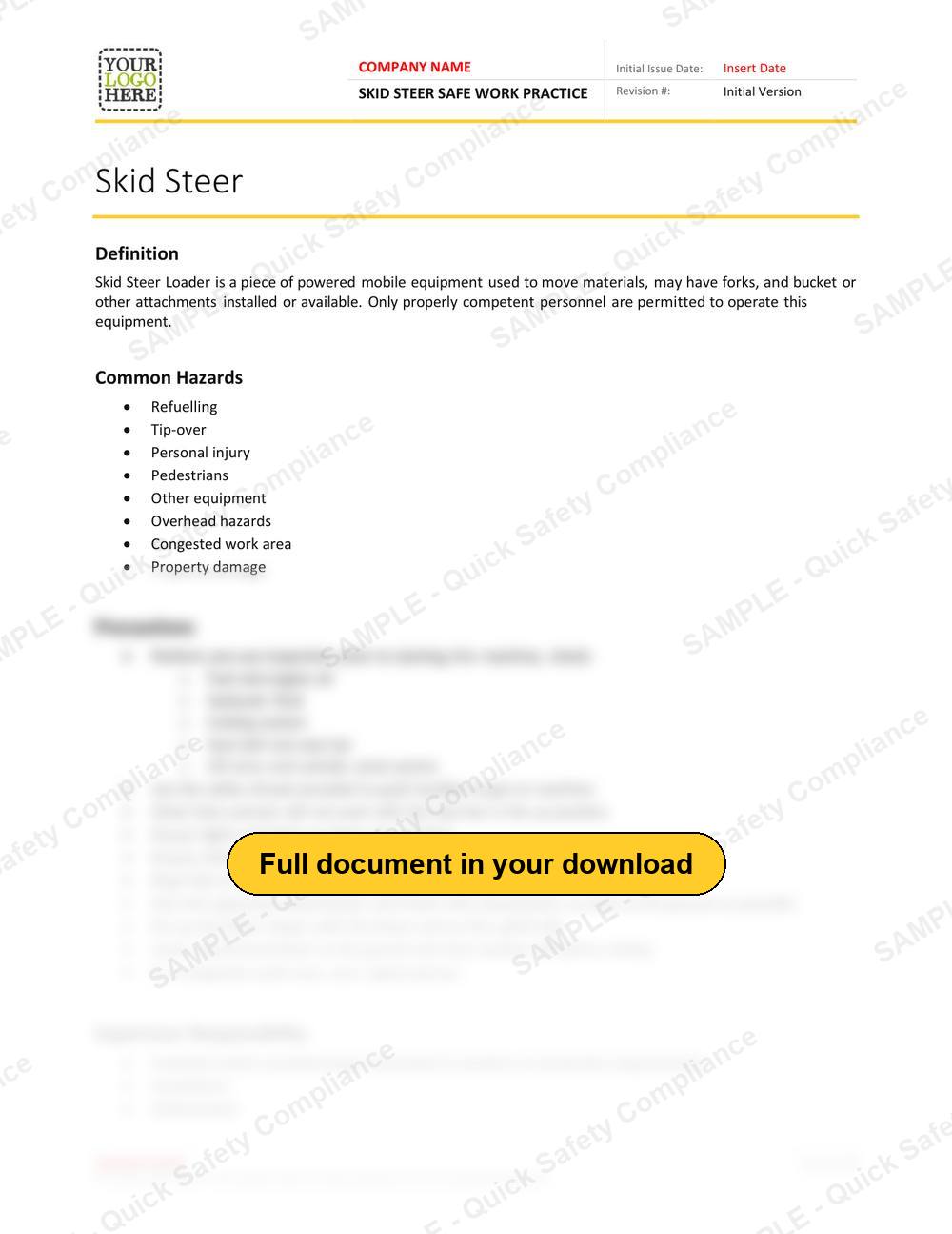 Top of page 1 of the Skid Steer Safe Work Practice