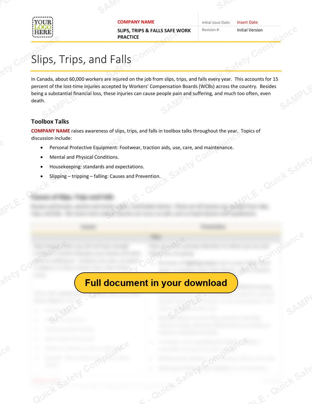 Top of page 1 of the Slips, Trips & Falls Safe Work Practice