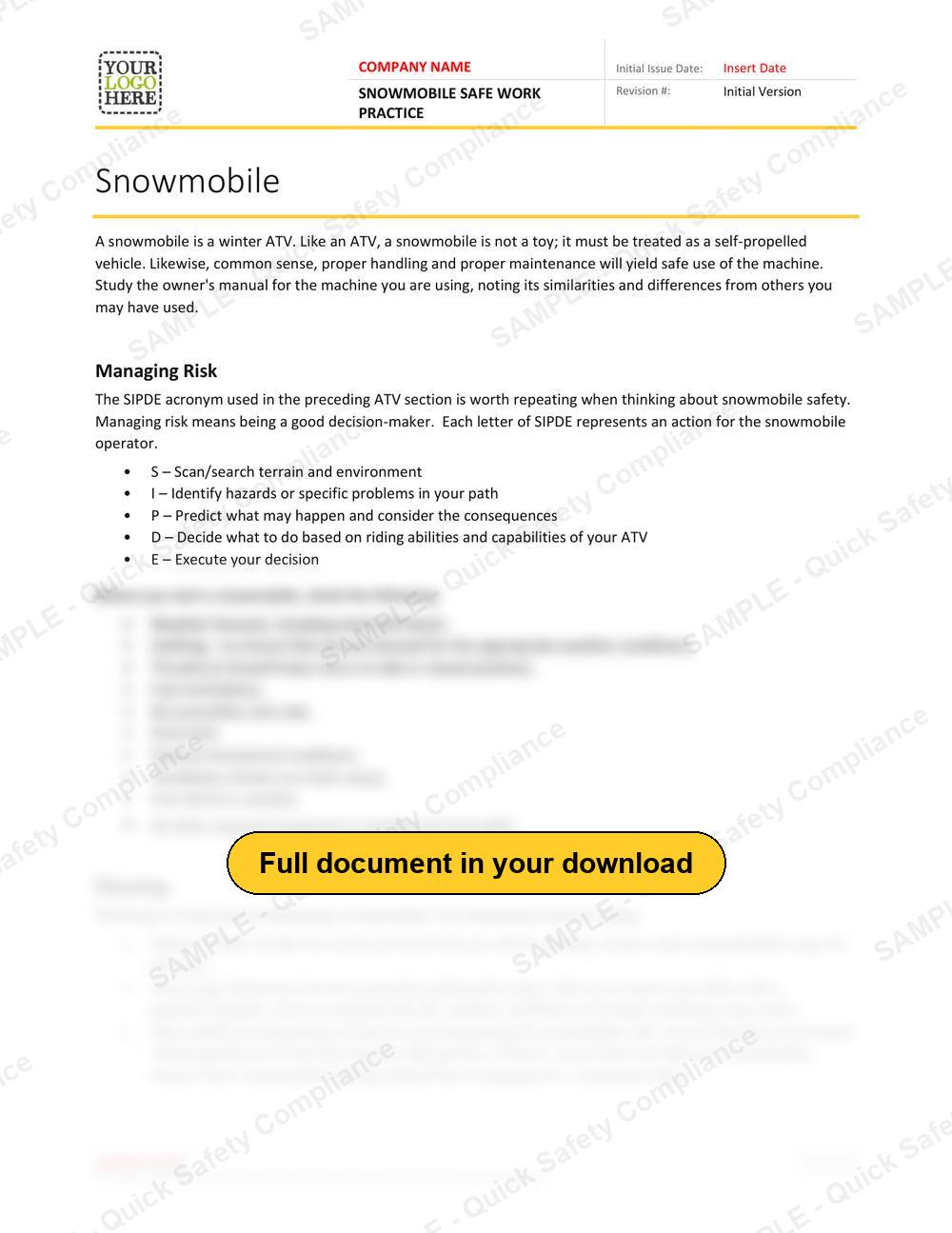 Top of page 1 of the Snowmobile Safe Work Practice