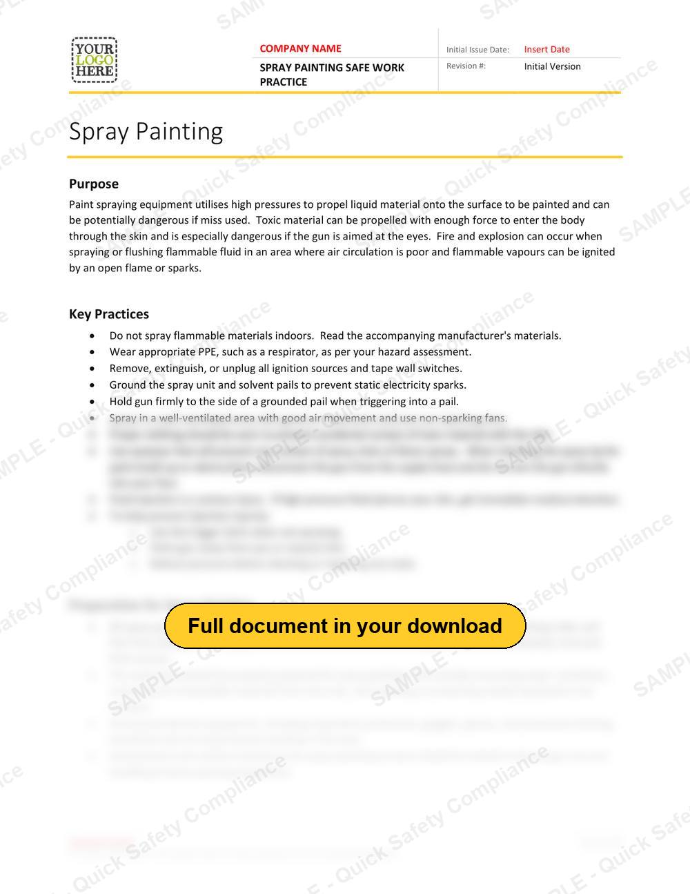 Top of page 1 of the Spray Painting Safe Work Practice