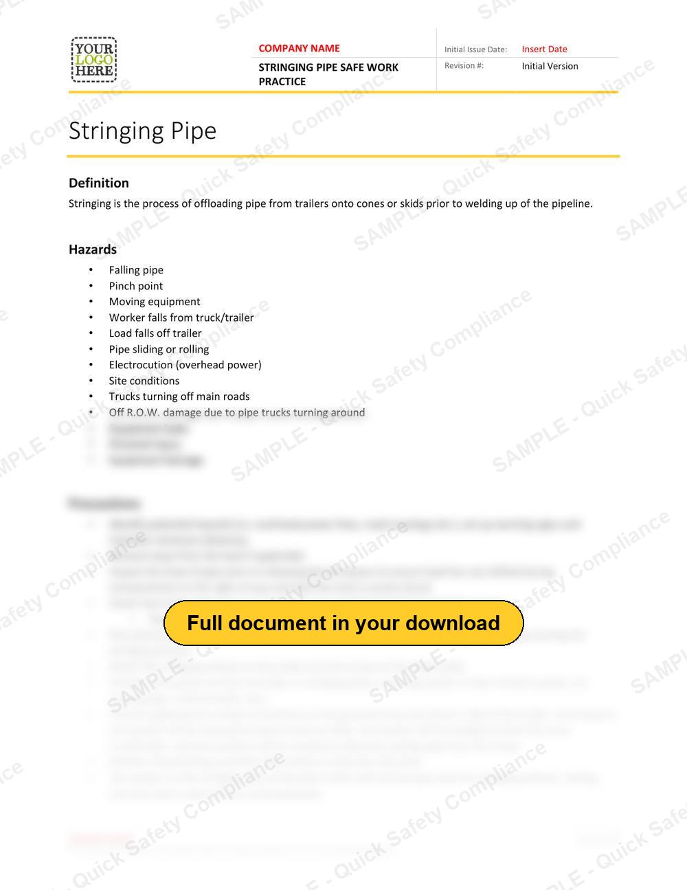 Top of page 1 of the Stringing Pipe Safe Work Practice