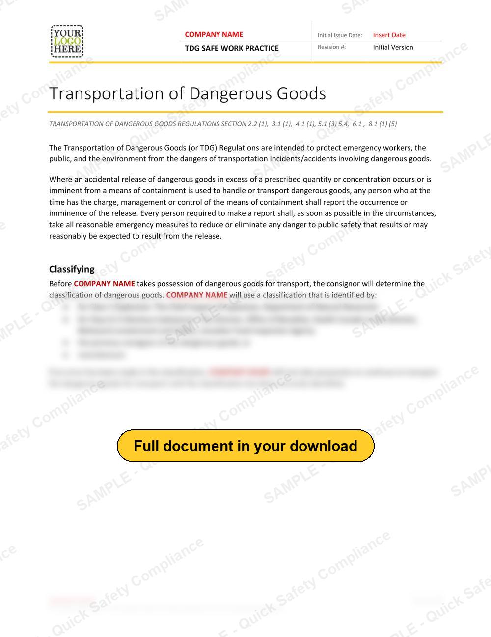 Top of page 1 of the TDG Safe Work Practice