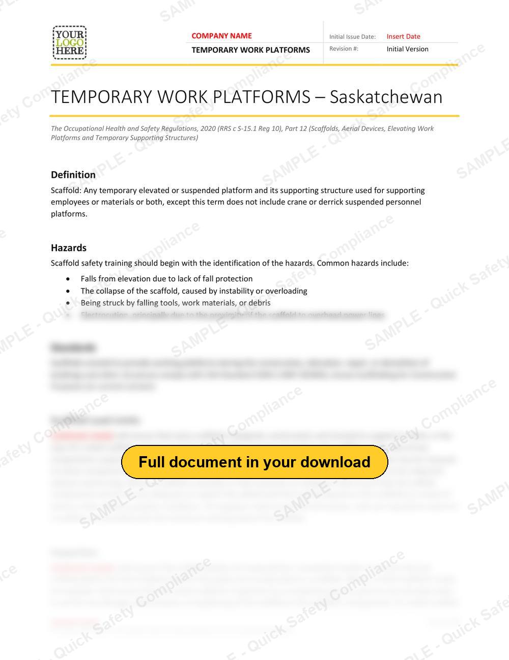 Top of page 1 of the Temporary Work Platforms RAVS - Saskatchewan