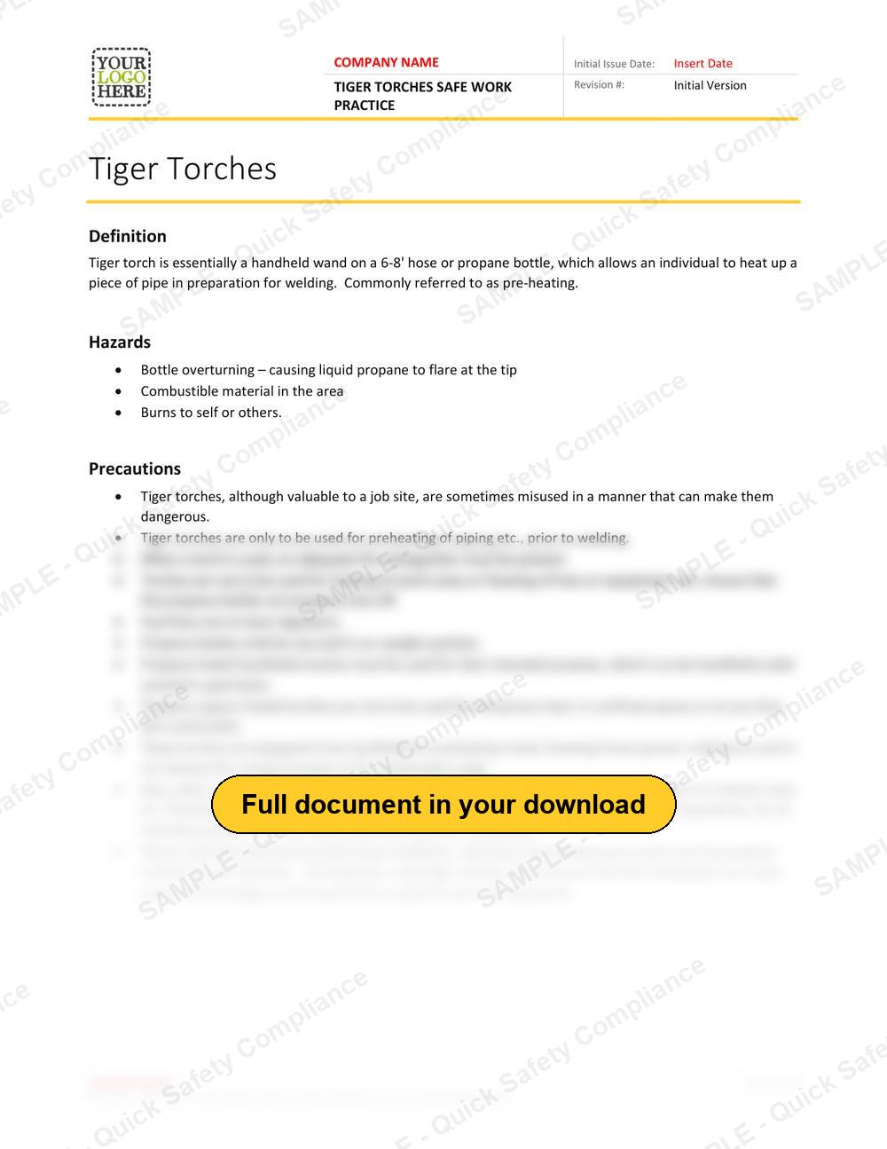 Top of page 1 of the Tiger Torches Safe Work Practice
