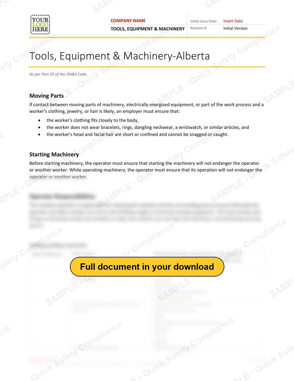 Top of page 1 of the Tools, Equipment & Machinery RAVS - Alberta