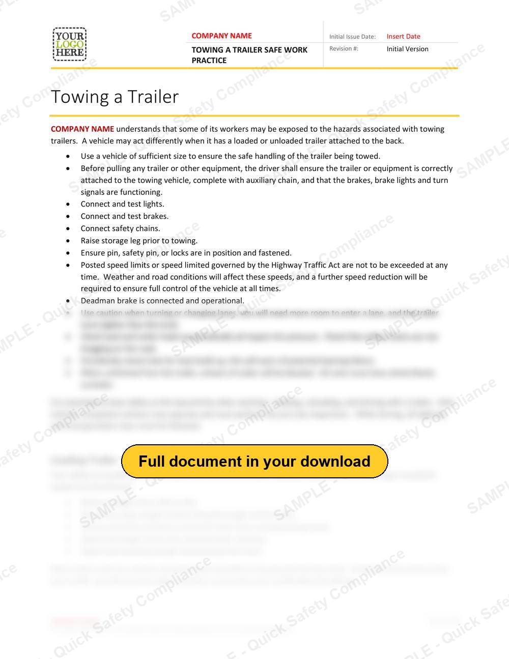 Top of page 1 of the Towing a Trailer Safe Work Practice