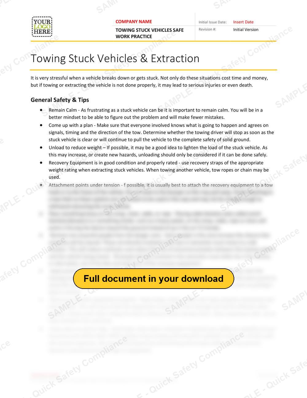 Top of page 1 of the Towing Stuck Vehicles Safe Work Practice