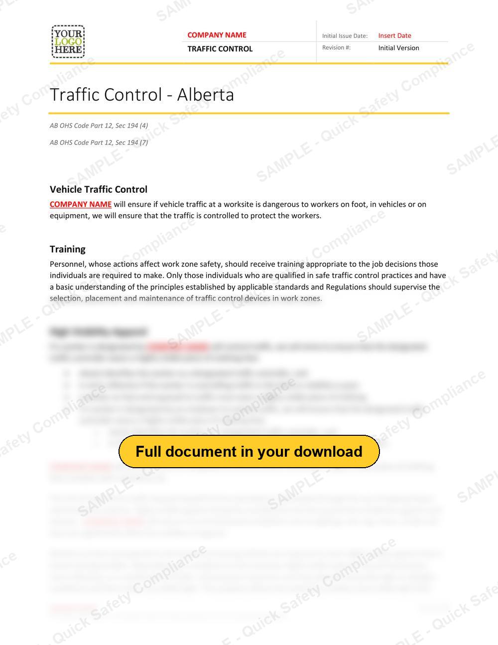 Top of page 1 of the Traffic Control RAVS - Alberta