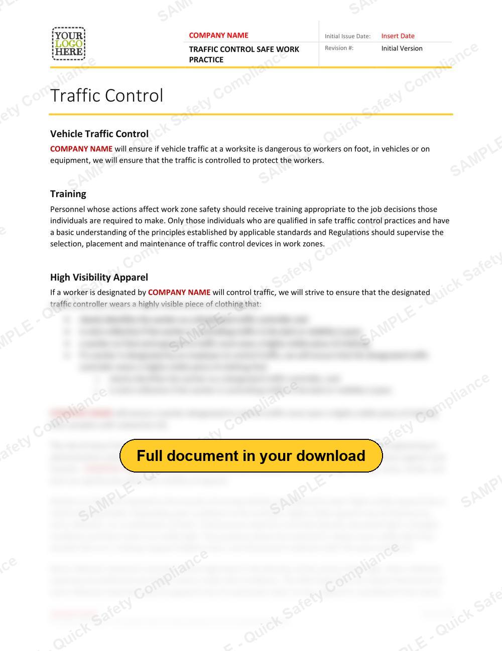 Top of page 1 of the Traffic Control Safe Work Practice