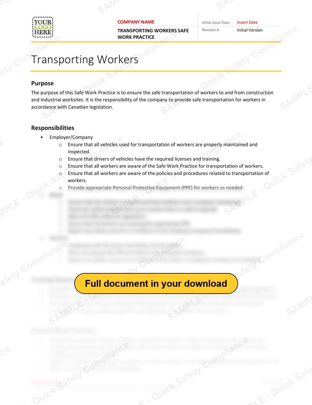 Top of page 1 of the Transporting Workers Safe Work Practice