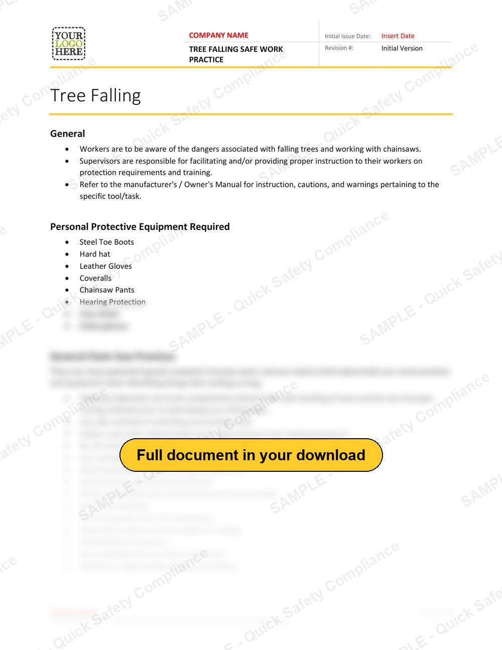 Top of page 1 of the Tree Falling Safe Work Practice