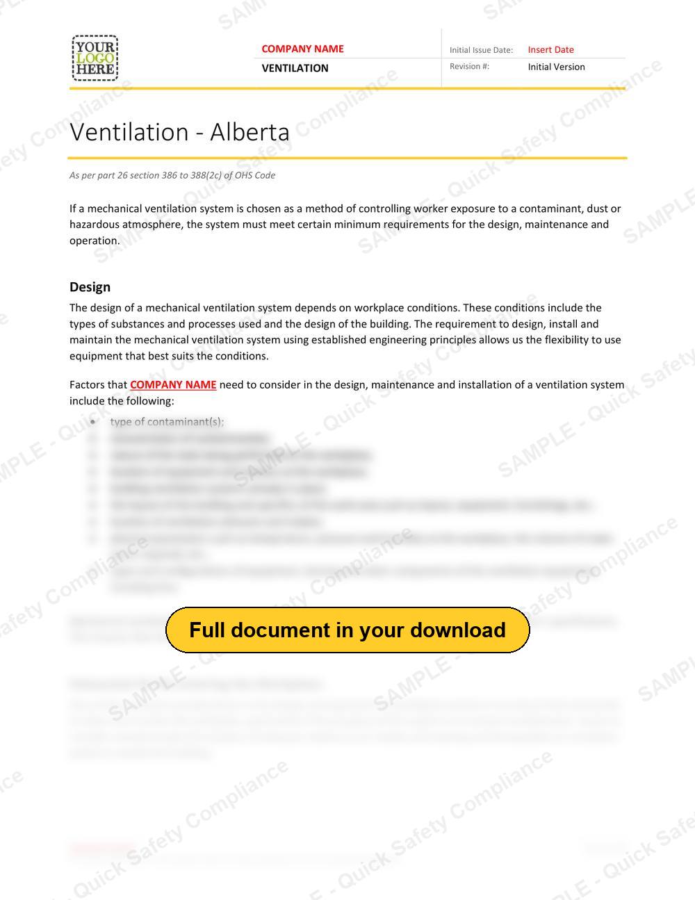Top of page 1 of the Ventilation RAVS - Alberta