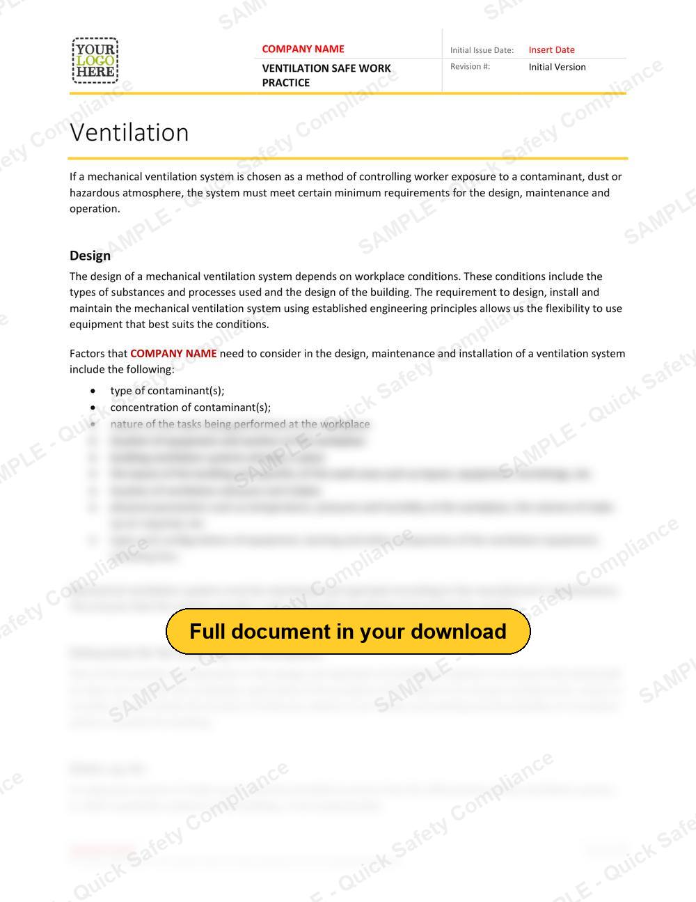 Top of page 1 of the Ventilation Safe Work Practice