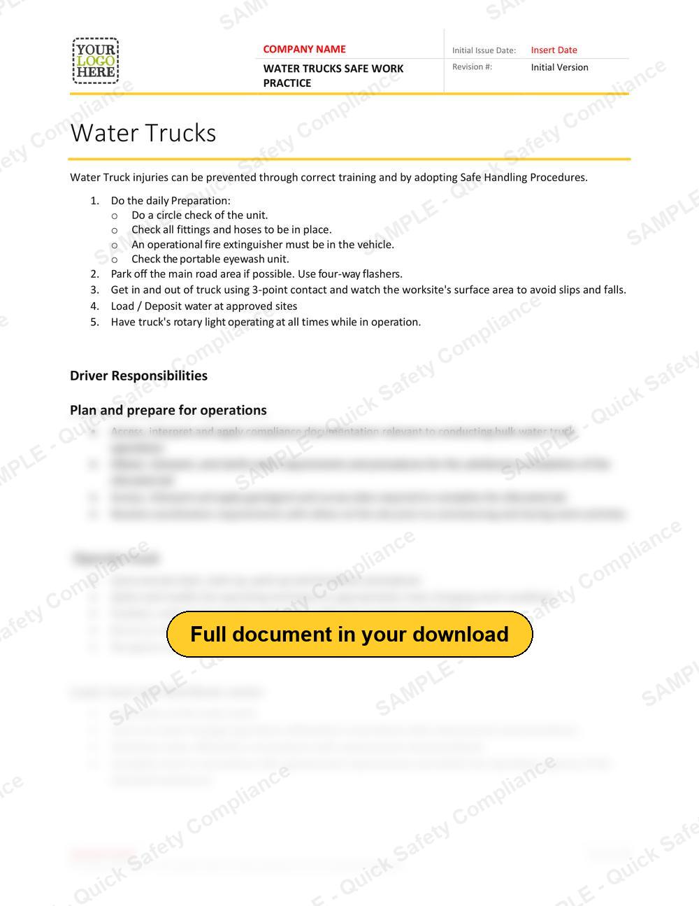 Top of page 1 of the Water Trucks Safe Work Practice