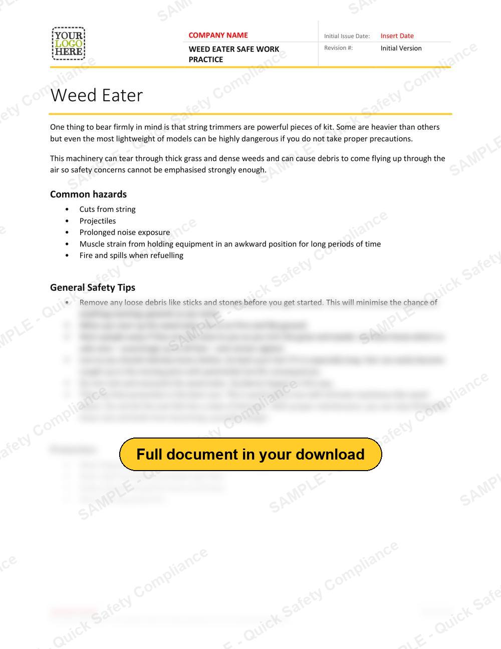 Top of page 1 of the Weed Eater Safe Work Practice