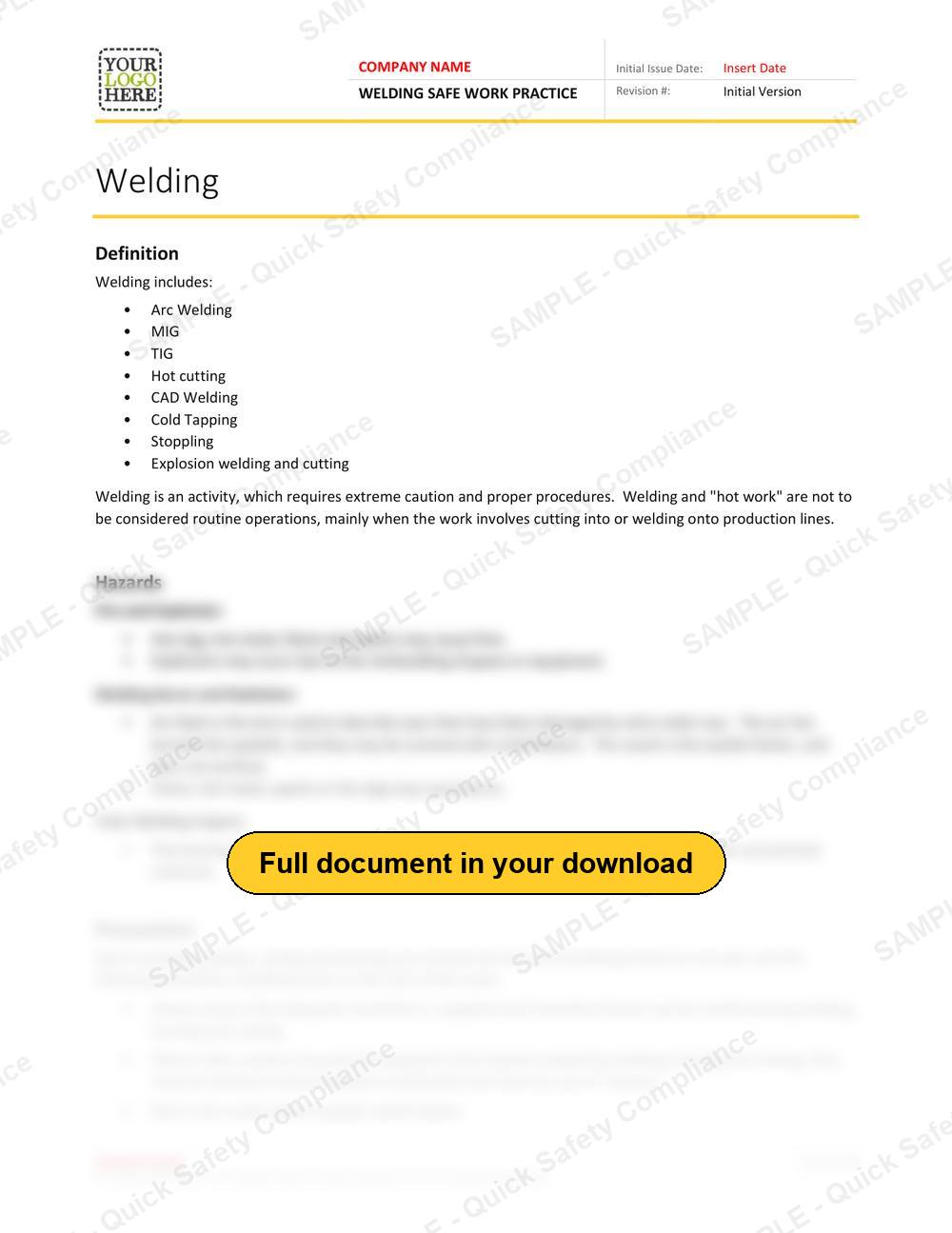 Top of page 1 of the Welding Safe Work Practice