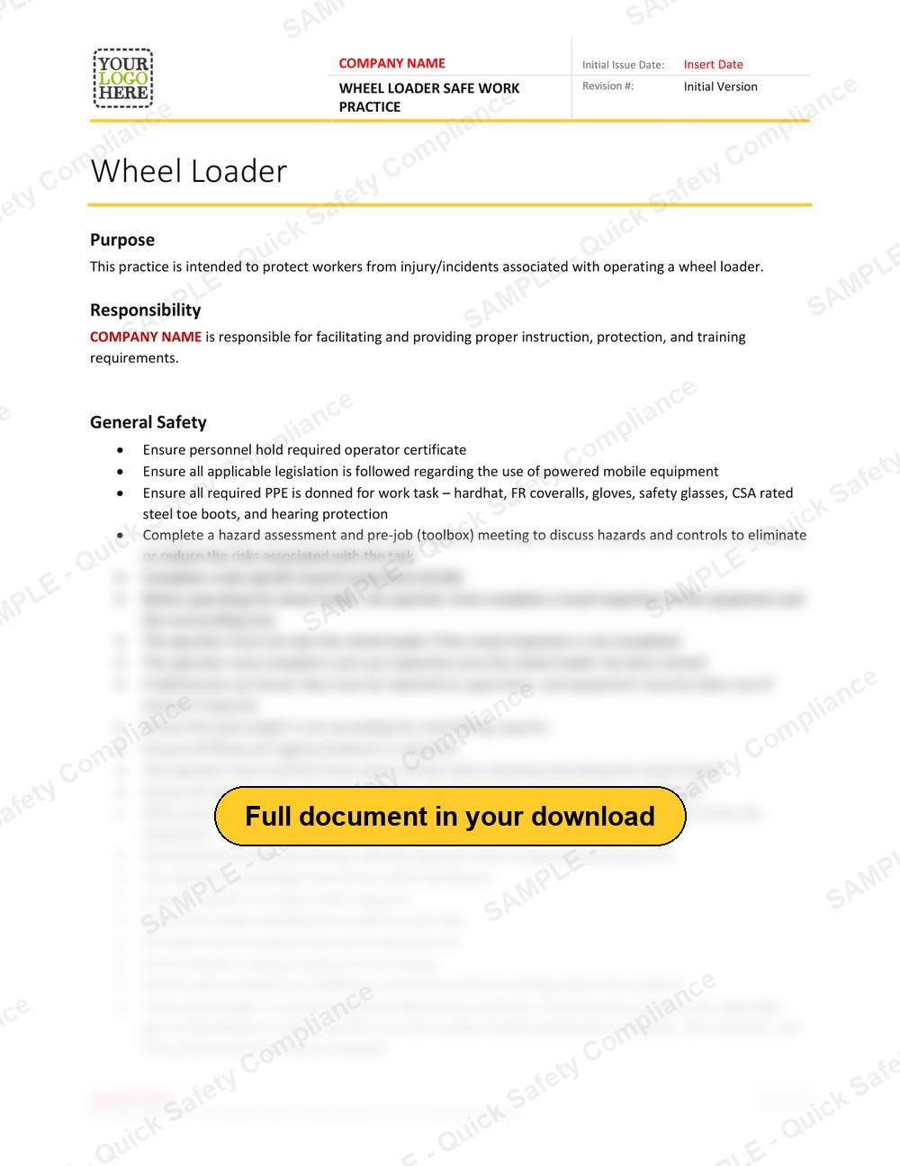 Top of page 1 of the Wheel Loader Safe Work Practice