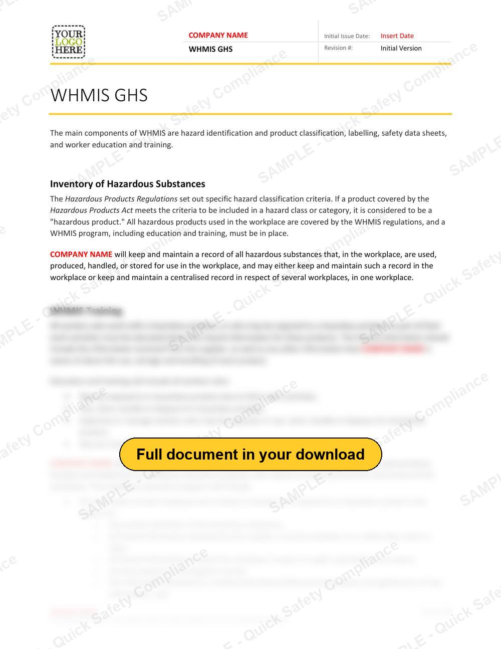 Top of page 1 of the WHMIS RAVS - Alberta
